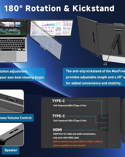 Maxfree Laptop Screen Extender, S1 14'' Laptop Monitor Extender Dual Screen Plug & Play, 1080P FHD Portable Monitor for 13.3-17'' Laptops, Compatible with macOS/Windows/Dex/Android/Switch/PS5