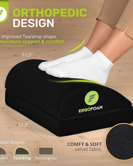 ErgoFoam Chiropractor-Endorsed Orthopedic Teardrop Design 2in1 Adjustable Under Desk Foot Rest for Lumbar Back Knee Pain (Black)