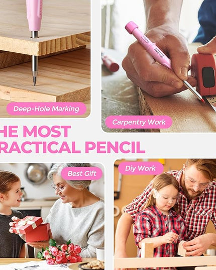 Nicpro CP3000 Carpenter Pencil with Sharpener, Construction Mechanical Pencils with 19 Refills, Heavy Duty Construction Pencil, Pink Woodworking Tools For Women, Great for Marking On Wood, Metal