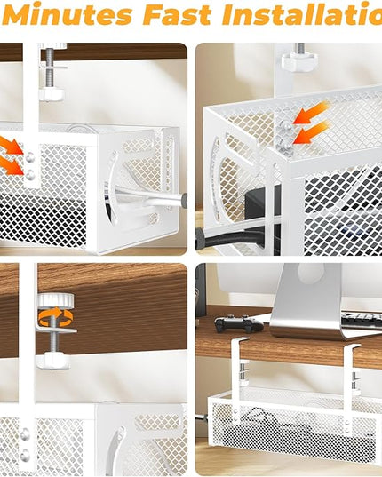 Under Desk Cable Management Tray, 15.7'' No Drill Steel Desk Cable Organizers, Wire Management Tray Cable Management Rack (1 Pack-White)