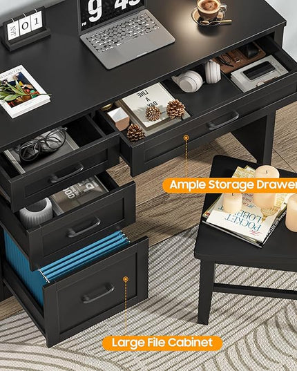 Vabches Farmhouse 47" Executive Desk with File Drawer, Workstation for Home Office, Study, Writing,Wood Computer Desk with 3 Storage Drawers.(Black