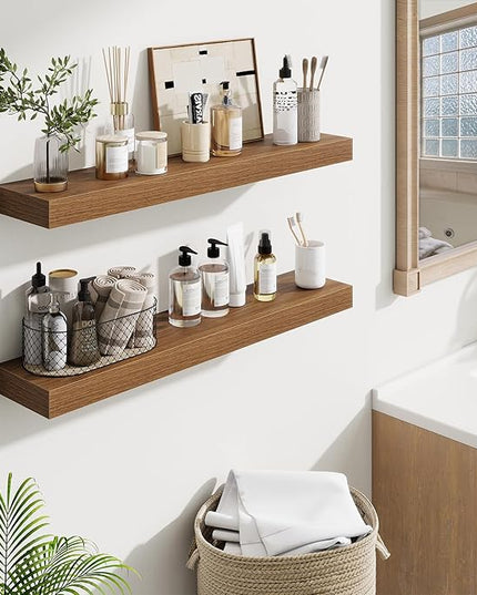 Fun Memories Bathroom Shelves 32 Inch Long Set of 2, Floating Shelves for Wall with Invisible Brackets, for Bedroom, Living Room, Kitchen, Walnut