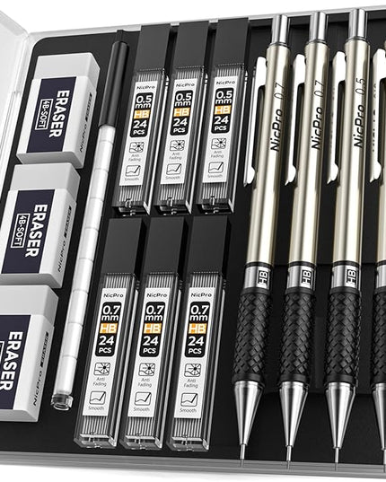 Nicpro Art Mechanical Pencil Set in Case, 4 PCS Metal Drafting Pencil 0.5 mm & 0.7 mm, Lead Pencil with 6 Tube HB Lead Refills, 3 Erasers, 9 PCS Eraser Refills for Artist Writing, Drawing, Sketching