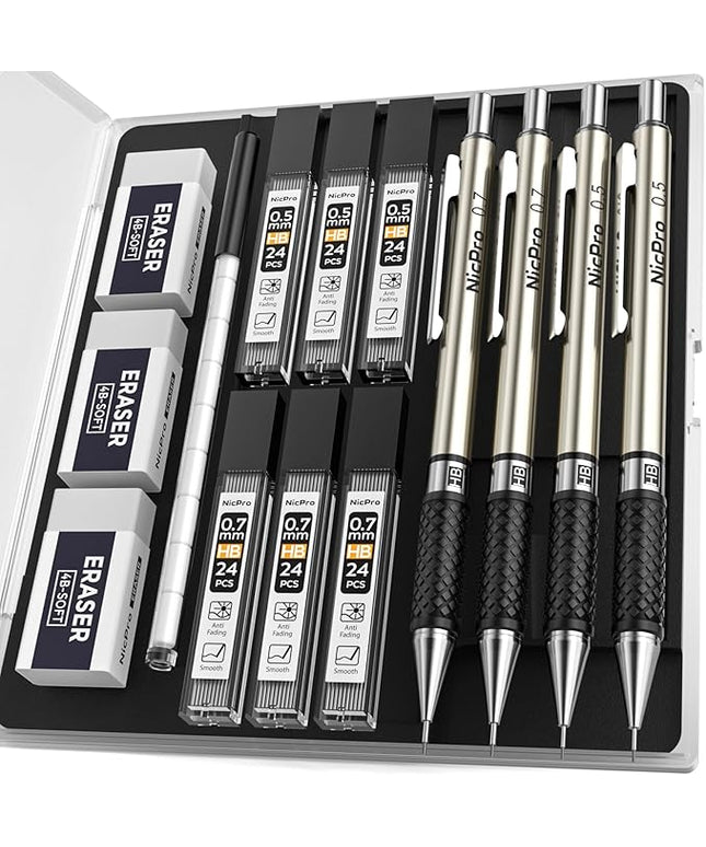 Nicpro Art Mechanical Pencil Set in Case, 4 PCS Metal Drafting Pencil 0.5 mm & 0.7 mm, Lead Pencil with 6 Tube HB Lead Refills, 3 Erasers, 9 PCS Eraser Refills for Artist Writing, Drawing, Sketching
