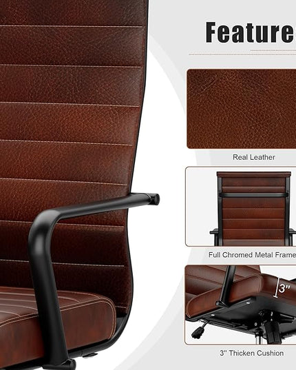 Okeysen Genuine Leather Office Desk Chair, Mid-Century Modern Real Leather Conference Room Chairs, Ergonomic Executive Ribbed Height Adjustable Swivel Rolling Chair for Home Office.