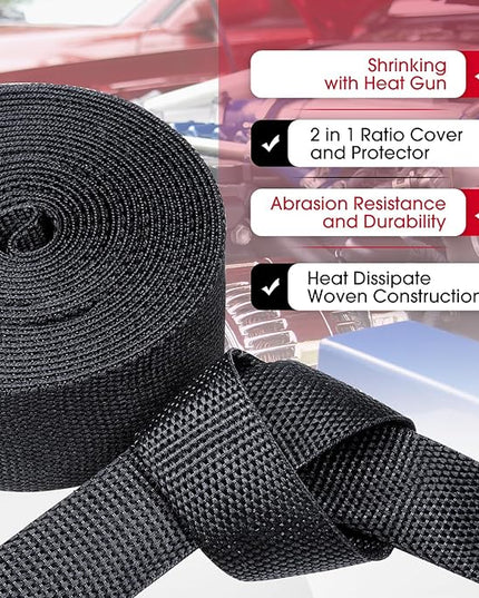 Black 2:1 Ratio Automotive Heat Shrink Braided Sleeving,Wear-Resistant Flat Woven Shrinkable Sleeve Fabric Car Cable Wires Hoses Protection (2''-35ft)