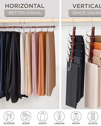 MORALVE Pants Hangers Space Saving - European Beechwood Scarf and Jean Hangers - Closet Organizer and Space Saver Pant Rack, Leggings Hanger, and Scarf Holder with 360° Swivel Hook (1 Pack)