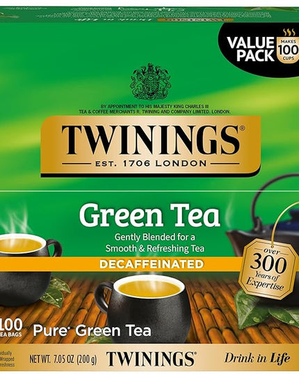 Twinings Decaffeinated Green Tea Individually Wrapped Bags, 100 Count (Pack of 1), Smooth Flavour, Enticing Aroma, Enjoy Hot or Iced, 100 Teabags