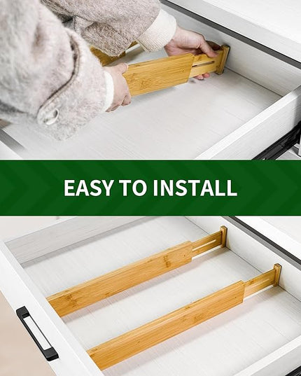 VaeFae Adjustable Bamboo Drawer Dividers, Expandable Drawer Organizer for Kitchen, Bedroom, Bathroom, Dresser and Office, 6-Pack