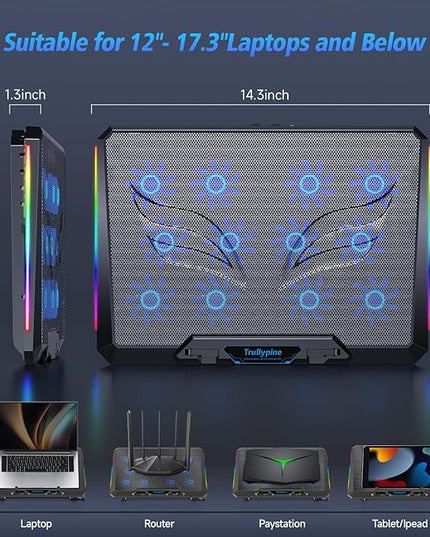 Laptop Cooling Pad with 12 Quiet Fans, Slim Portable for 12-17.3 Inch Laptop Cooler Stand with 5 Height Adjustable, Ergonomic Gaming Cooling Fan Pad with Two USB Ports & Phone Holder (Gear)