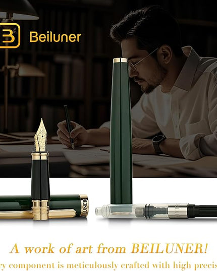 BEILUNER Racing Green Fountain Pen,Stunning Luxury Pens with 24K Gold Finish, Gorgeous 24K Gilded Nib(Fine), Trustworthy Gift for Men&Women -Ink Converter-Elegant, Graduation,Fancy Pen for Writing