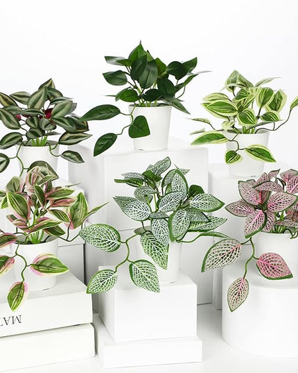 Hollyone Fake Plants 6 Pack Artificial Plants Indoor Faux Plant with White Plastic Pot Small Fake Potted Plant for Home Aesthetic Living Room Bathroom Desk Shelf Office Decor