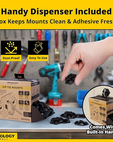 Rugged, Stylish Adhesive XL Zip Tie Mounts 100 Pack. Premium 1.5in Sticky Back Ziptie, Cord, and Cable Management Anchor Clips. Easy Peel and Stick Mounting Bases With Hanging Organizer Box Dispenser