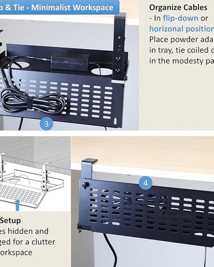 AEONS Universal Under Desk Cable Management Tray-Clamp Mount Hinged Swing Modesty Panel Organizer for Office Desks, Easy Access Flip-Down Position Power Strip Cord Storage No-Drill, 25 lb Capacity