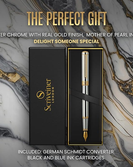 Scriveiner Silver Chrome Fountain Pen - Stunning Luxury Pen, Real Gold Finish Schmidt Gilded Nib (Medium), Best Pen Gift Set for Men & Women, Professional, Executive Office, Nice Pens