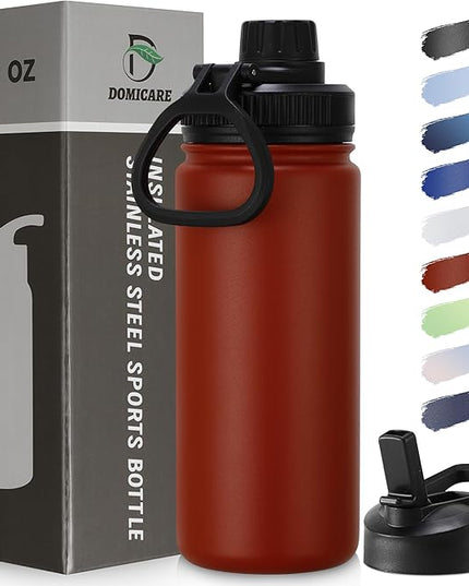 DOMICARE 16 oz Kids Water Bottle for School Stainless Steel Double Wall Vacuum Insulated Water Bottle with Straw lids & Spout Lid, Leakproof BPA Free (Red,1)
