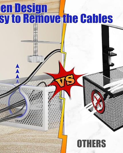 Under Desk Cable Management Tray, Metal Long Arms(3.9in), No Drill Mesh Wire Management Tray Cable Box for Office, Desk Wire Organizer with Clamp Mount, 1 Pack, White
