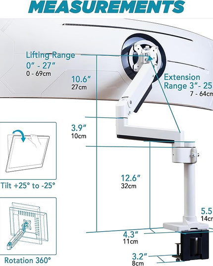 Heavy Duty Monitor Arm for Ultrawide Monitors up to 57" and 44 lbs, Single Desk Stand, Pneumatic Height Adjustable, Modular Extension Arms - Max VESA 100x100, White, MA20PW-S
