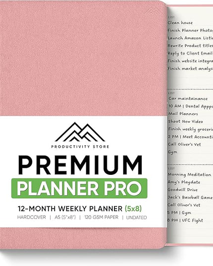 PRODUCTIVITY STORE Pro - Undated, 2026 Planner, 5.8” x 8.3” - The #1 Productivity Planner to Achieve Your 2026 Goals - Planner 2026-2027 - Pink - A5