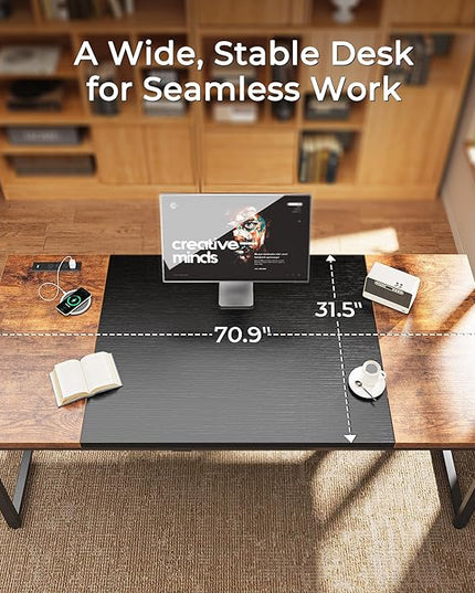 Huuger 71 x 31.5 Inch Desk with Power Outlets & USB-C, 1.2 Inch Thicker Desktop, Robust Metal Tubes, Deep Computer Desk, Heavy Duty Office Desk, Work Desk, Rustic Brown and Black