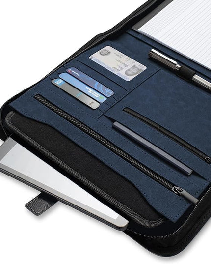 Forevermore Portfolios Padfolio Binder - Professional Faux Leather Travel Organizer Pouch for Tablet, Documents, Presentation Folders, Zipper Closure, Notepad - Blue