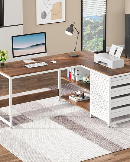 Tribesigns L Shaped Computer Desk with Storage Drawers, 59 inch Corner Desk with Shelves, Reversible L-Shaped Office Desk Study Writing Table Workstation for Home Office, Walnut & White