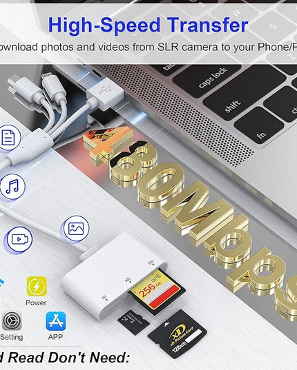 XD Card Reader, 3-in-1 SD/TF/XD Card Adapter - Lightning + USB A + USB C SD Card Reader Plug & Play, OTG Memory Card Reader for iPhone 17/16/15/14/iPad/PC/Android