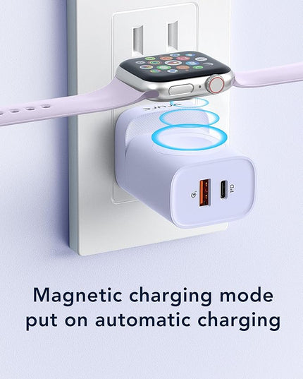 VRURC Charger for iPhone & Apple Watch, 20W USB C Fast Charging Block, 3-in-1 Compact Travel Adapter with 2 Port for iPhone 17/16/15/14/13, Wireless Magnetic for iWatch SE/11/10/9/8/7/6/5/4-Purple