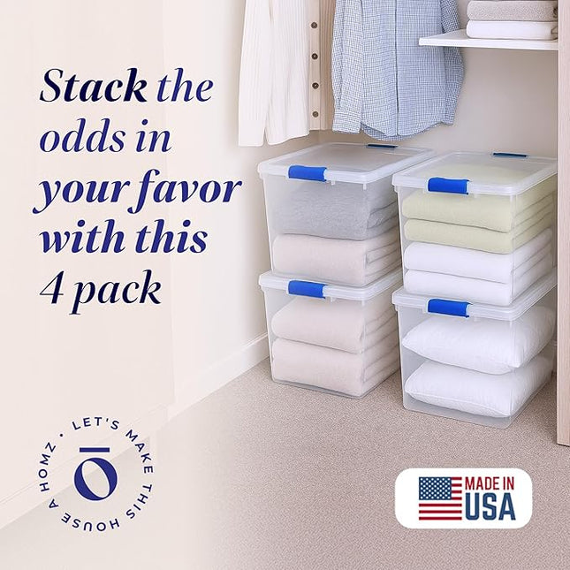 HOMZ 4-Pack Latching Lid, Large Clear Plastic Storage Bins with Lids, 31 Quart, Blue Latch - Stackable Container Boxes for Home, Bathroom, and Office Organization