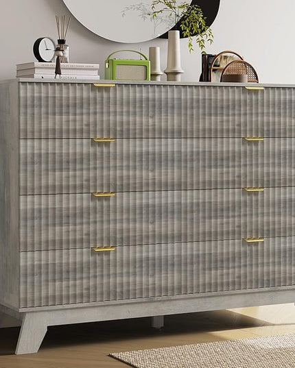 Fluted Dresser for Bedroom, 8 Drawer Dressers & Chest of Drawers, Mid Century Modern Dresser for Closet Boho Bedroom Furniture, Nature Wood Chest of Drawers Storage Organizer for Living Room,Grey