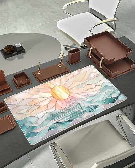 Desk Mat Gaming Desk Pad Large Mouse and Keyboard Pad, Abstract Serene Ocean Sunrise Mouse Mat XXL, Pastel Desk Protector Mat Computer Mats for Desktop Sun & Waves Office Decor 31.5" x 15.7"