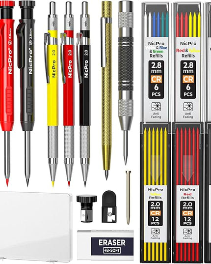 Nicpro 18 Pack Carpenter Pencils Mechanical, Construction Pencils with 60 Refill, Automatic Center Punch and Carbide Scribe Tool, 2.0mm Mechanical Pencil for Woodworking, Best Carpenters Marking Tool
