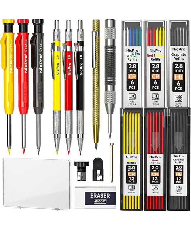 Nicpro 18 Pack Carpenter Pencils Mechanical, Construction Pencils with 60 Refill, Automatic Center Punch and Carbide Scribe Tool, 2.0mm Mechanical Pencil for Woodworking, Best Carpenters Marking Tool