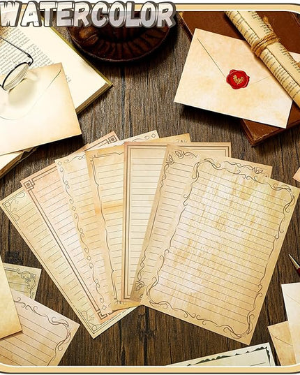 TaoBary 160 Pcs Stationery Paper Set 50 Double Sided Stationery Papers with 50 Matching Envelopes and 60 Round Dot Sticker, 10 Design(Vintage,5.5 x 8.25 Inch)