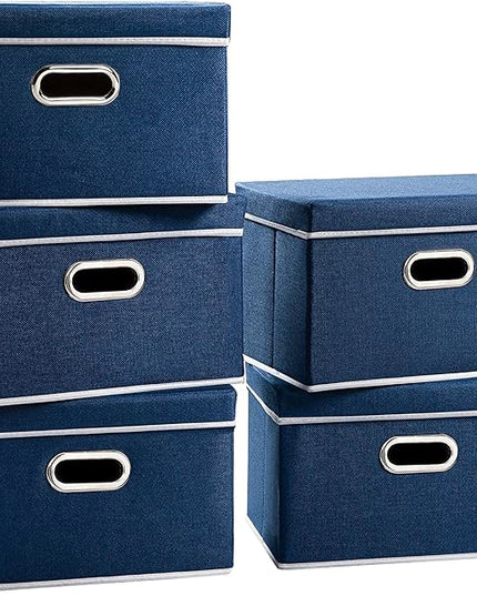 PRANDOM Foldable Storage Bin with Lid [5-Pack] Linen Fabric Decorative Storage Box Organizer Container Basket Cube with Handles Divider for Closet Office Living Room Royal Blue(14.9x9.8x9.8)