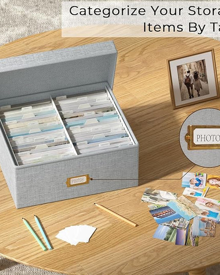Decorative Photo Storage Box - Linen Photo Box Organizer with Dividers, Fits Holds Up to 1700 Pictures and 4x6 Photos, Memory Keepsake Organizer for Photos, Scrapbook Supplies, Cards, Stamps (Grey)