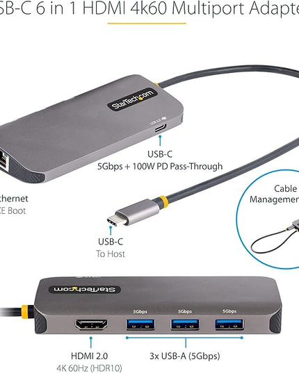 StarTech.com 6-in-1 USB-C Hub for Monitors, 4K 60Hz HDMI Video, HDR10, Gigabit Ethernet, USB 5Gbps Hub, 100W Laptop Charging with Cable Management for MacBook M1 M2 M3 M4 and Windows