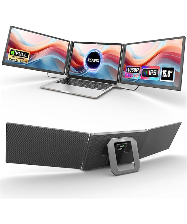 KEFEYA 15.6" Laptop Screen Extender, Includes Power Bank, FHD 1080P IPS Triple Laptop Monitor Extender for 13-17" Laptops, Plug & Play with HDMI/USB-A/TYPE-C/Hub, Compatible with Windows, Mac, Android