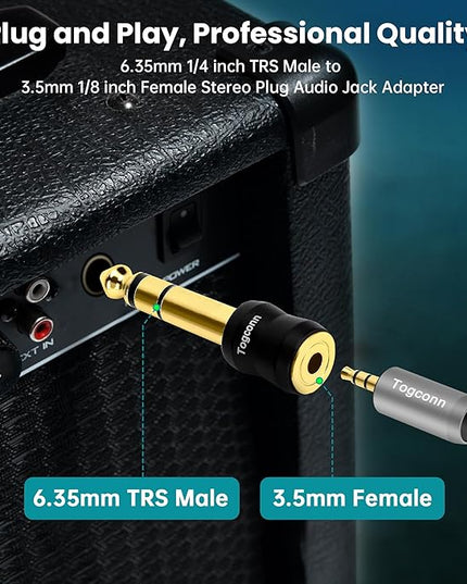 6.35mm 1/4 Inch to 3.5mm 1/8 Inch Adapter 2 Pack, 6.35mm Quarter Inch TRS Stereo Male to 3.5mm Female Jack Plug Gold-Plated Pure Copper Audio Converter Connector Premium Quality Series