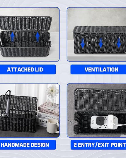 Cable Management Box, Handmade Rattan Cable Organizer, 2 Open Slots Cords Hider Box, Under Desk Cord Organizer for Computer Router USB Hub & Power Strip, Patent Pending, 13" x 5.1" x 5.1", Black