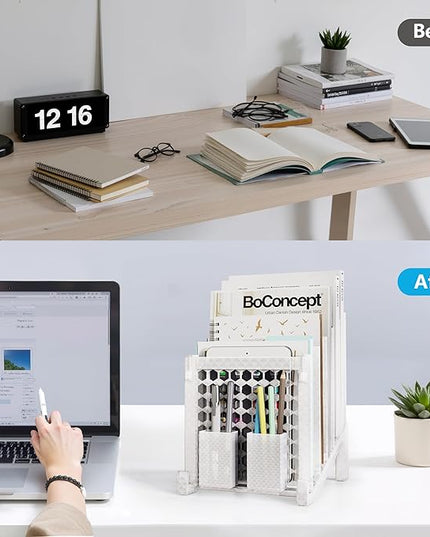 File Organizer for Desk with Storage Box & Hook, Inclined Desk File Organizer with 5-Section Vertical File Holder suitable for Home Office Document Organization (Ice Crystal