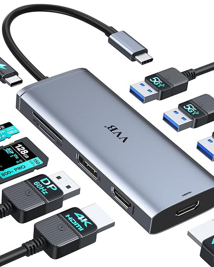 Docking Station VVB USB C Adapter,9 in 1 Triple Display USB C Hub Multiport Adapter Dongle with 2 HDMI 4K+DisplayPort+3 USB+100W PD+SD/TF Card Reader for Dell/HP/Lenovo Laptop Type C Laptops