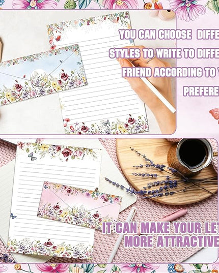 TaoBary 160 Pcs Stationery Paper Set 50 Double Sided Stationery Papers with 50 Matching Envelopes and 60 Round Dot Sticker, 10 Design(Wildflower,8.5 x 11 Inch)