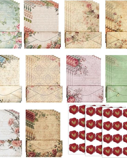 TaoBary 160 Pcs Stationery Paper Set 50 Double Sided Stationery Papers with 50 Matching Envelopes and 60 Round Dot Sticker, 10 Design(Vintage Floral,8.5 x 11 Inch)