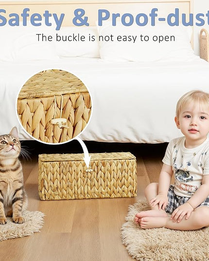 efluky 2 Pack Hand-Woven Cable Management Box with Lid, Water Hyacinth Open Slots Cord Box to Hide USB Wire, Power Strip & Charger for Home & Office and Dorm, Natural