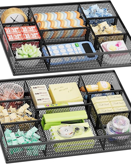 Marbrasse 2 Pack Desk Drawer Organizer, Mesh Drawer Organizer Tray with 8 Adjustable Compartments, Desk Organizers and Accessories, 5 Dividers Drawer for Office Supplies, Makeup & Vanity (Black)
