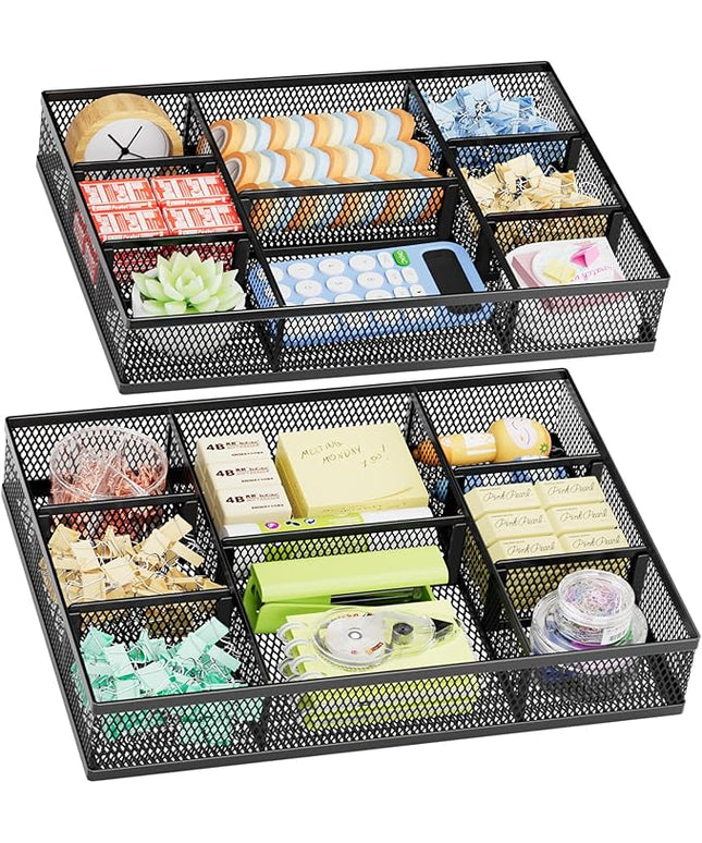 Marbrasse 2 Pack Desk Drawer Organizer, Mesh Drawer Organizer Tray with 8 Adjustable Compartments, Desk Organizers and Accessories, 5 Dividers Drawer for Office Supplies, Makeup & Vanity (Black)