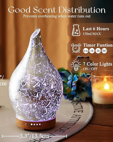 Porseme Essential Oil Diffuser Glass Aromatherapy Ultrasonic Humidifier, Air Refresh Auto Shut-Off, Timer Setting, BPA Free for Home Hotel Yoga Leisure SPA Gift 150ml Last 6H