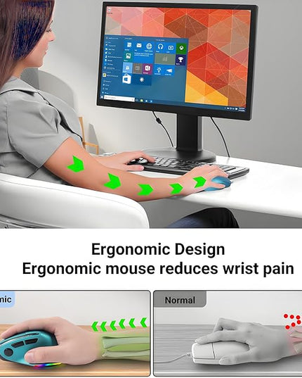 Ergonomic Mouse Jiggler,Bluetooth Vertical Wireless Mouse,LED Rechargeable Optical Computer Mice, Portable(BT5.2 or USB 2.4GHz) Dual Mode,1000/1600/2400 DPI,8 Buttons for Laptop,PC,Macbook (Blue)
