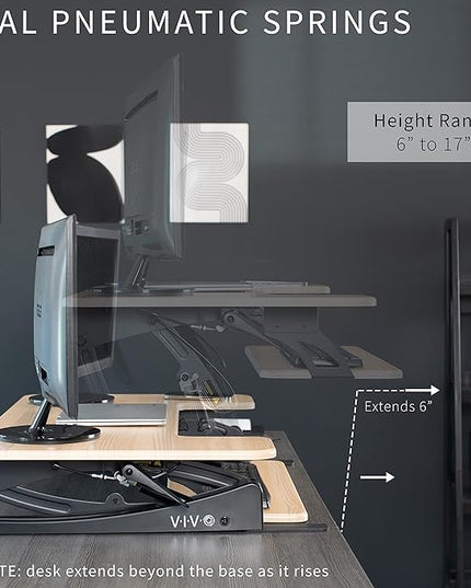 VIVO 42 inch Height Adjustable Stand Up Desk Converter, V Series, Quick Sit to Stand Tabletop Dual Monitor Riser Workstation, Light Wood Top, Black Frame, DESK-V000VLO